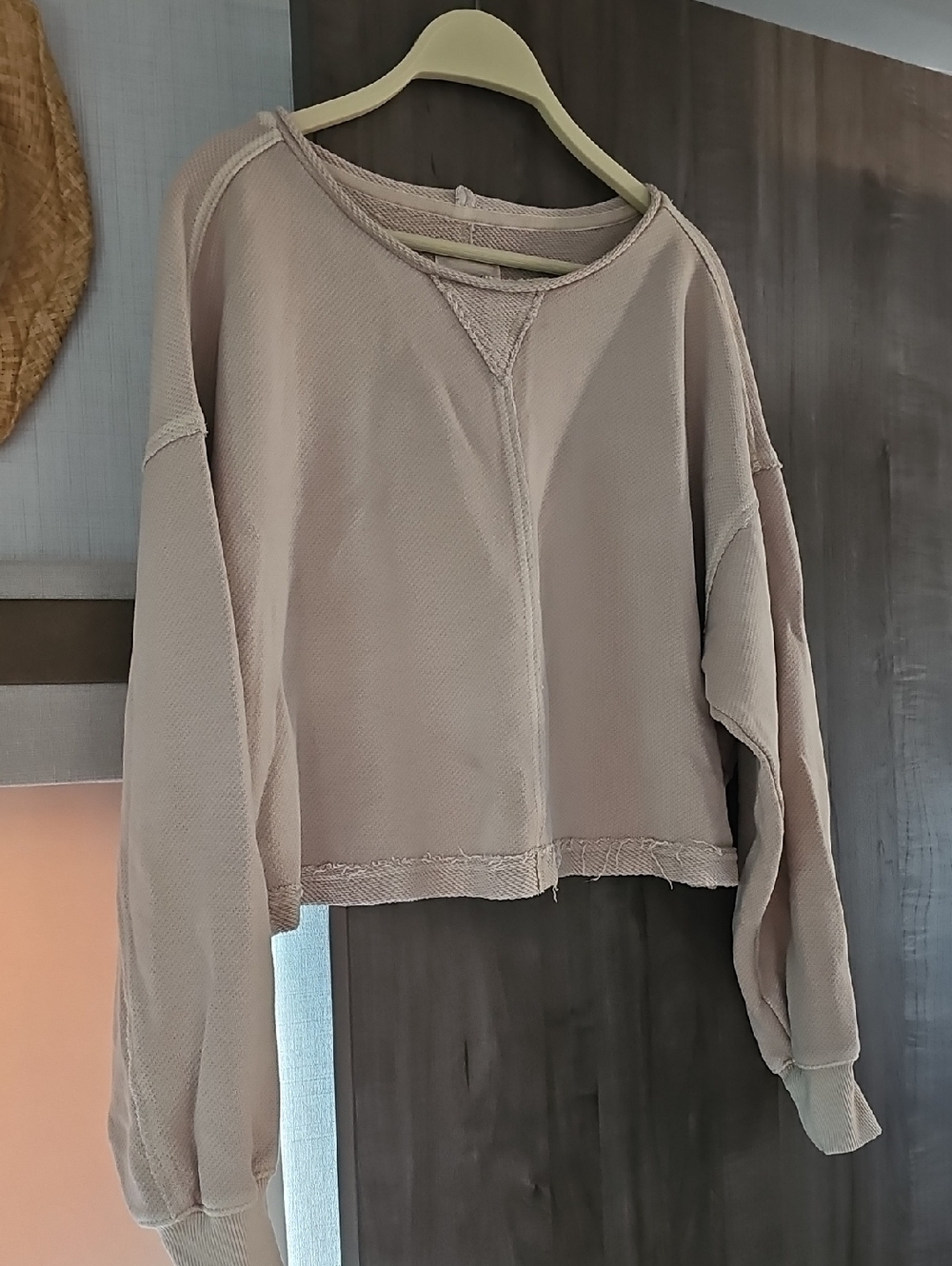 aerie Cropped Raw-Hem Crewneck Sweatshirt - Beige